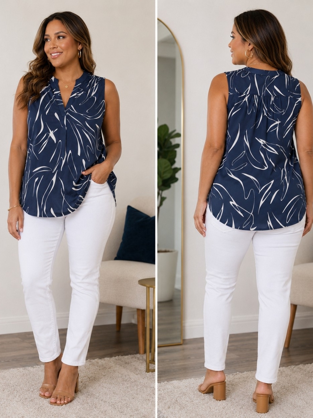 Alfani Sleeveless Navy Abstract Print V-Neck Top